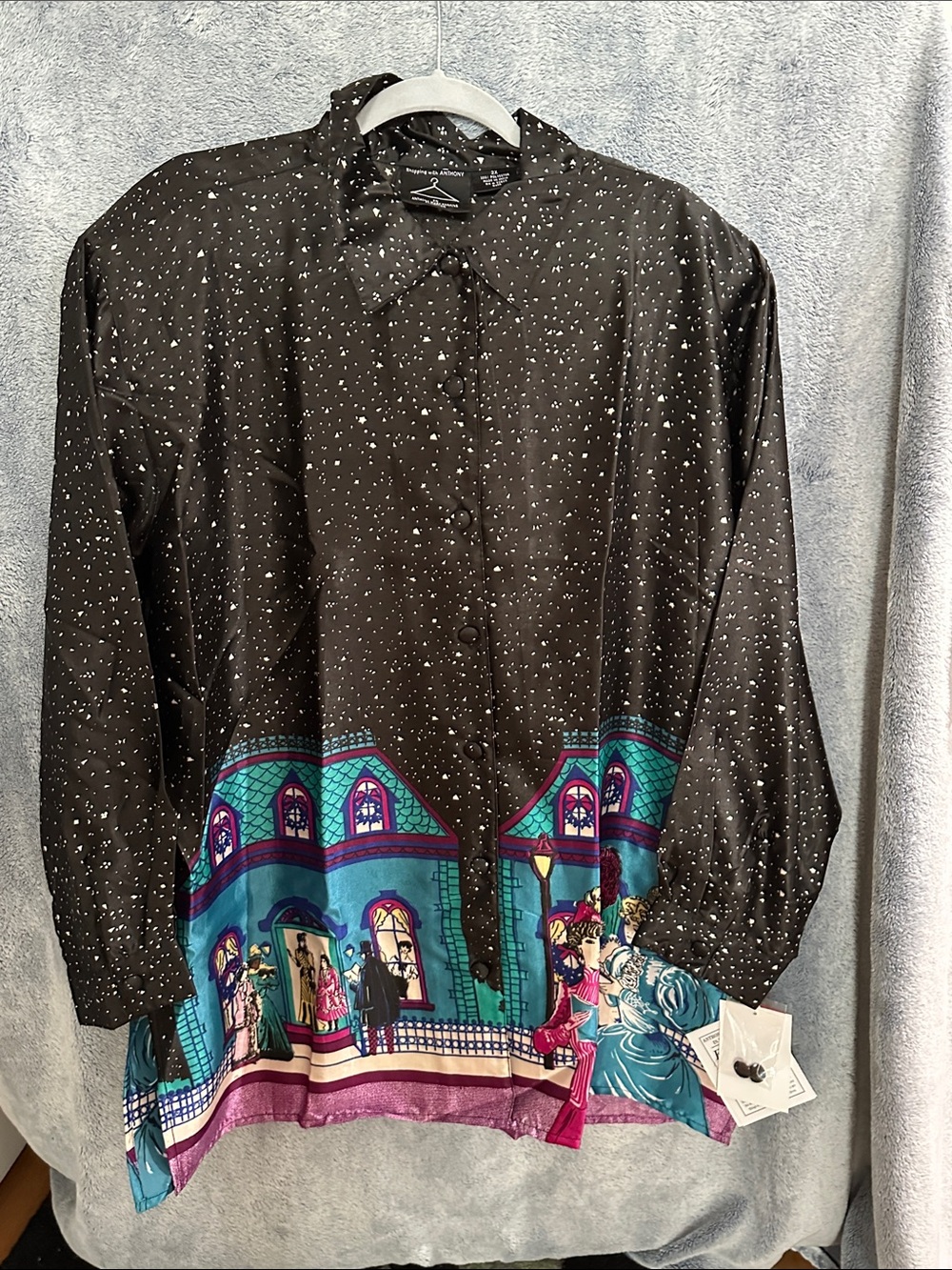 Shopping with ANTHONY Button-Front Top w/Teal and Purple Storybook Border